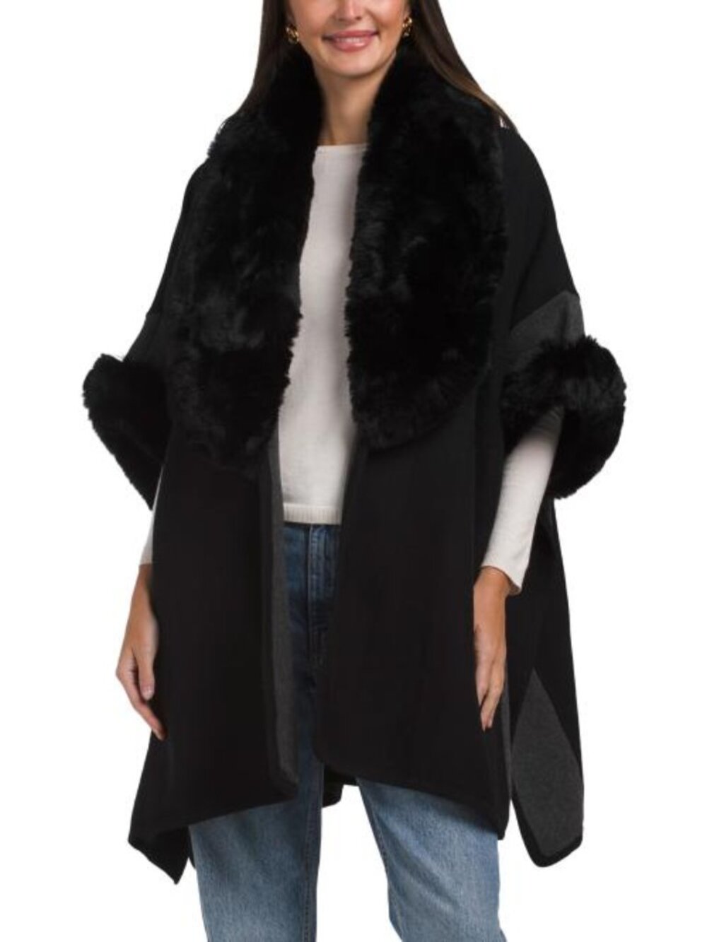 MAX STUDIO Two Tone Ruana With Faux Mink Collar And Cuffs